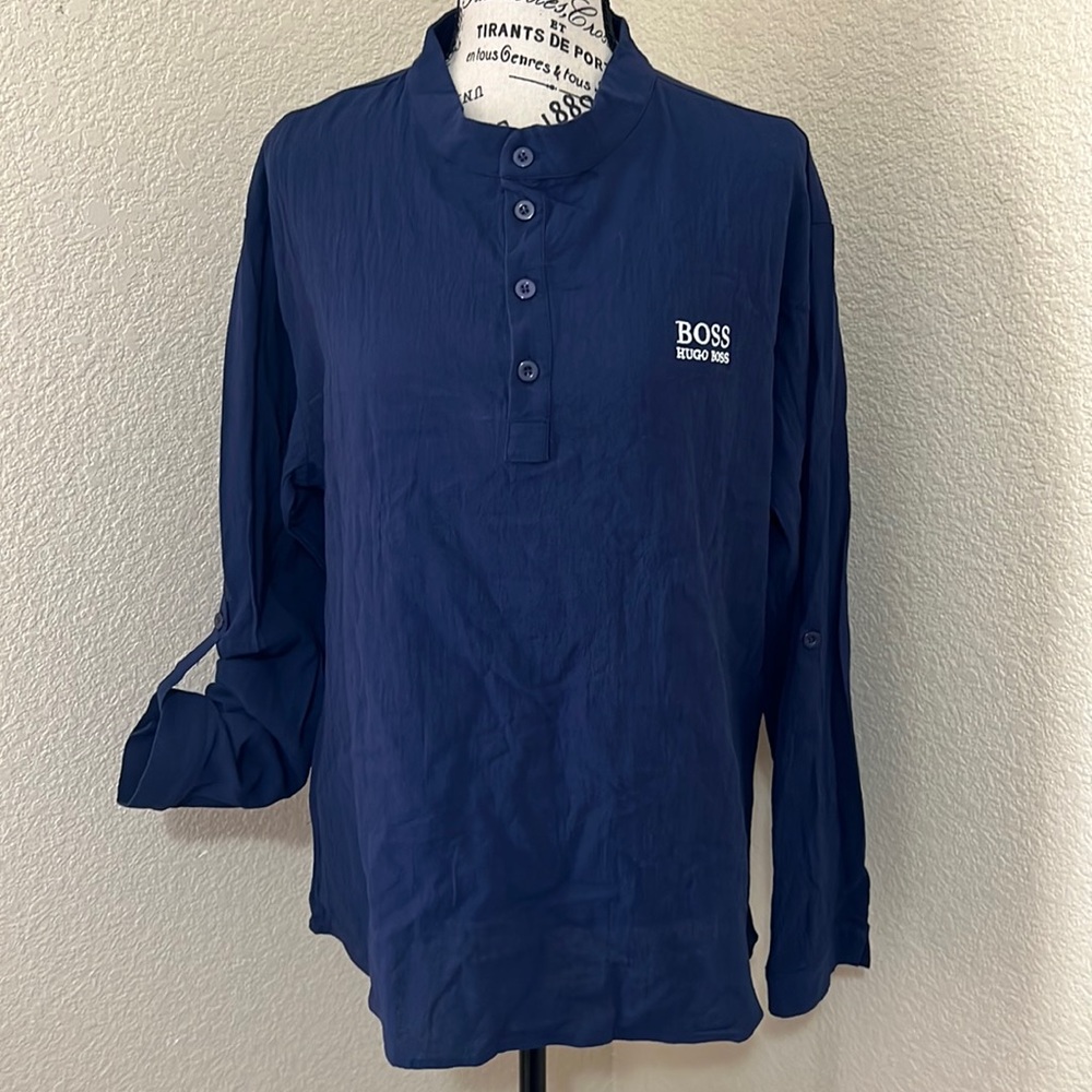 NWOT. Navy Blue Button Dress Shirt with Roll up Sleeves